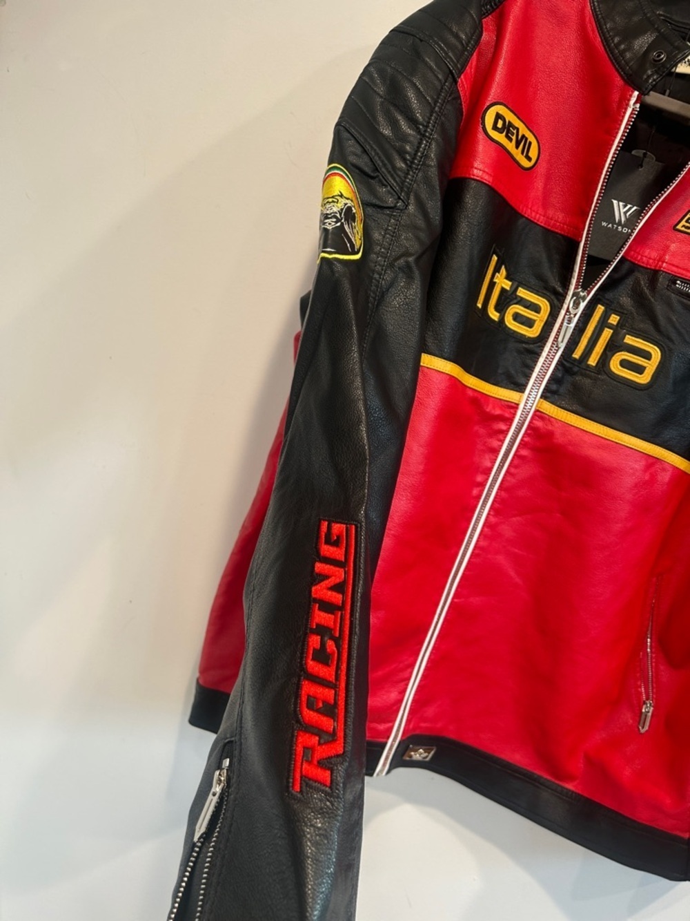 Watson Devil Red Italia Black Leather Racing Jacket men’s 5X big & tall new - Picture 6 of 10